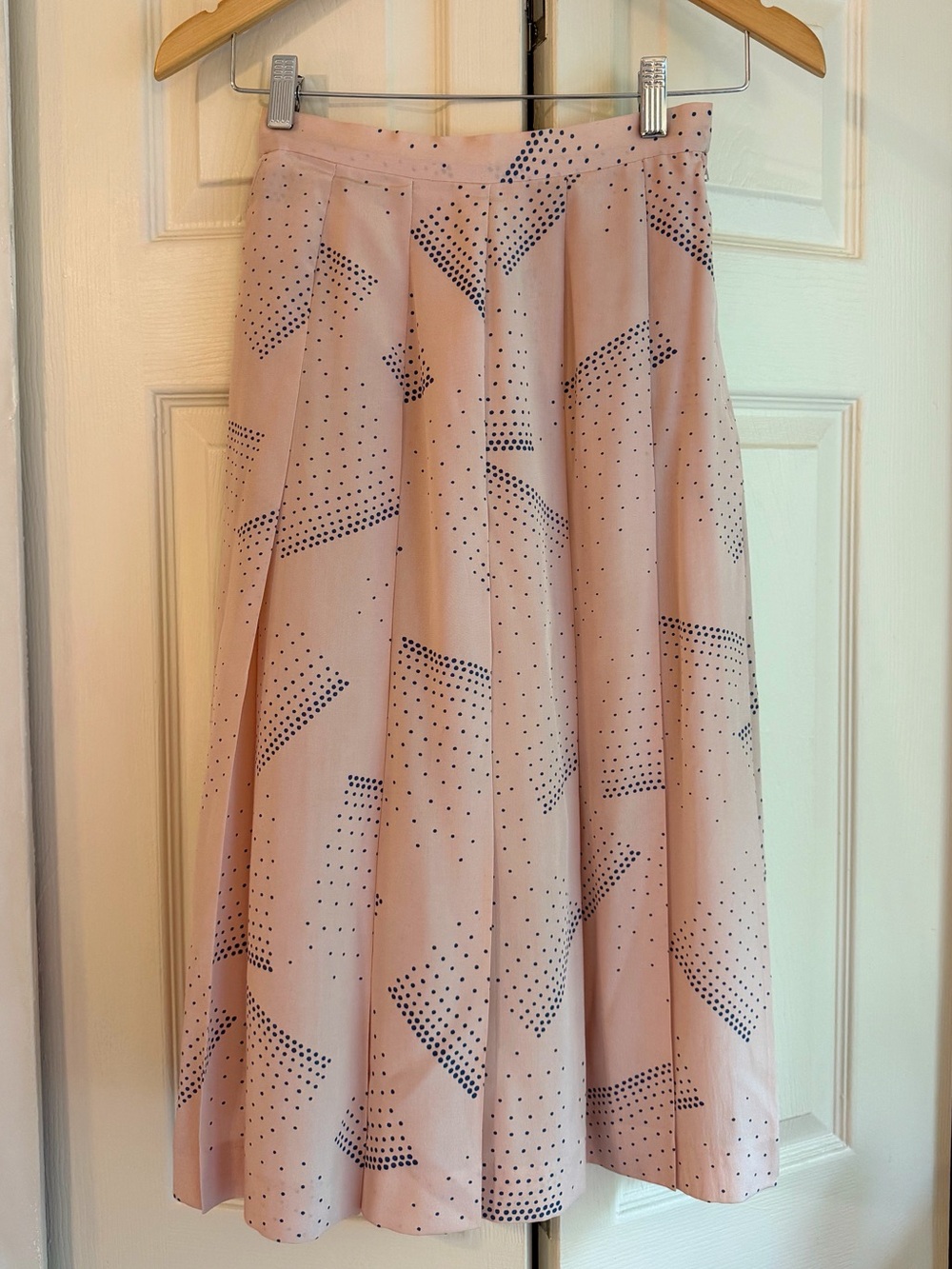 Silk Vintage Pleated Pink Midi Skirt with Dot-Print